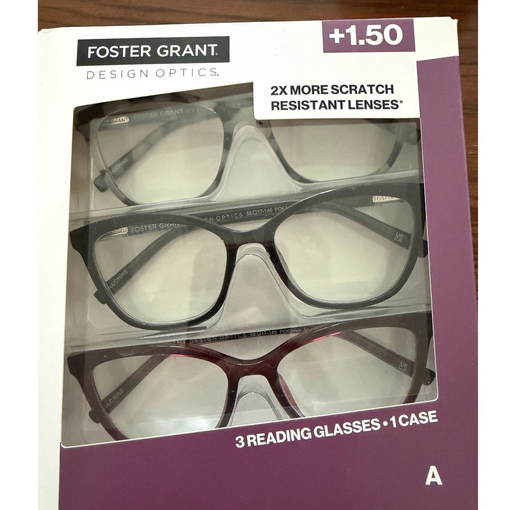Foster Grant Design Optics Classic Reading Glasses +1.50  3 Pack NEW with case